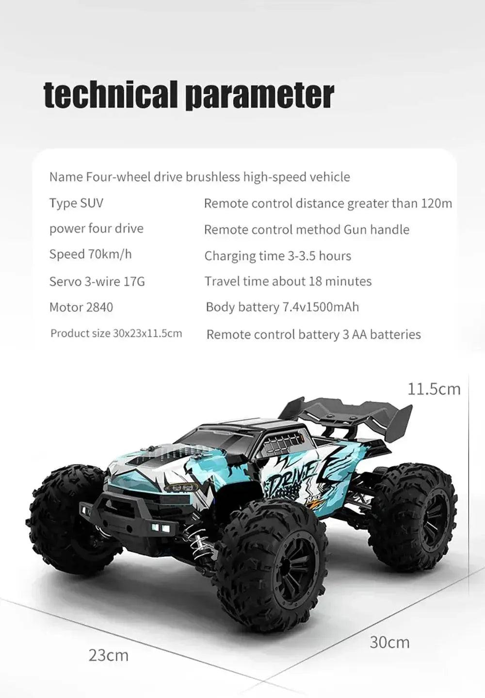  RC High-Speed 1:16 4WD Brushless Remote Control Monster Truck - 75KM/H Off-Road Adventure with LED Lights for Boys -  ToylandEU™