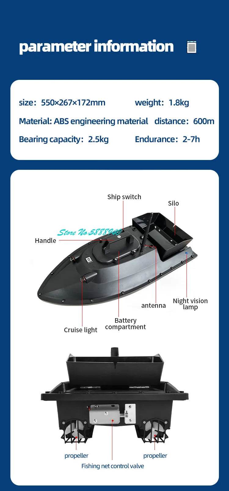 RC Upgraded 600M GPS Remote Control Fishing Bait Boat with Auto Return & Solenoid Valve - 55CM, 2.5KG - ToylandEU