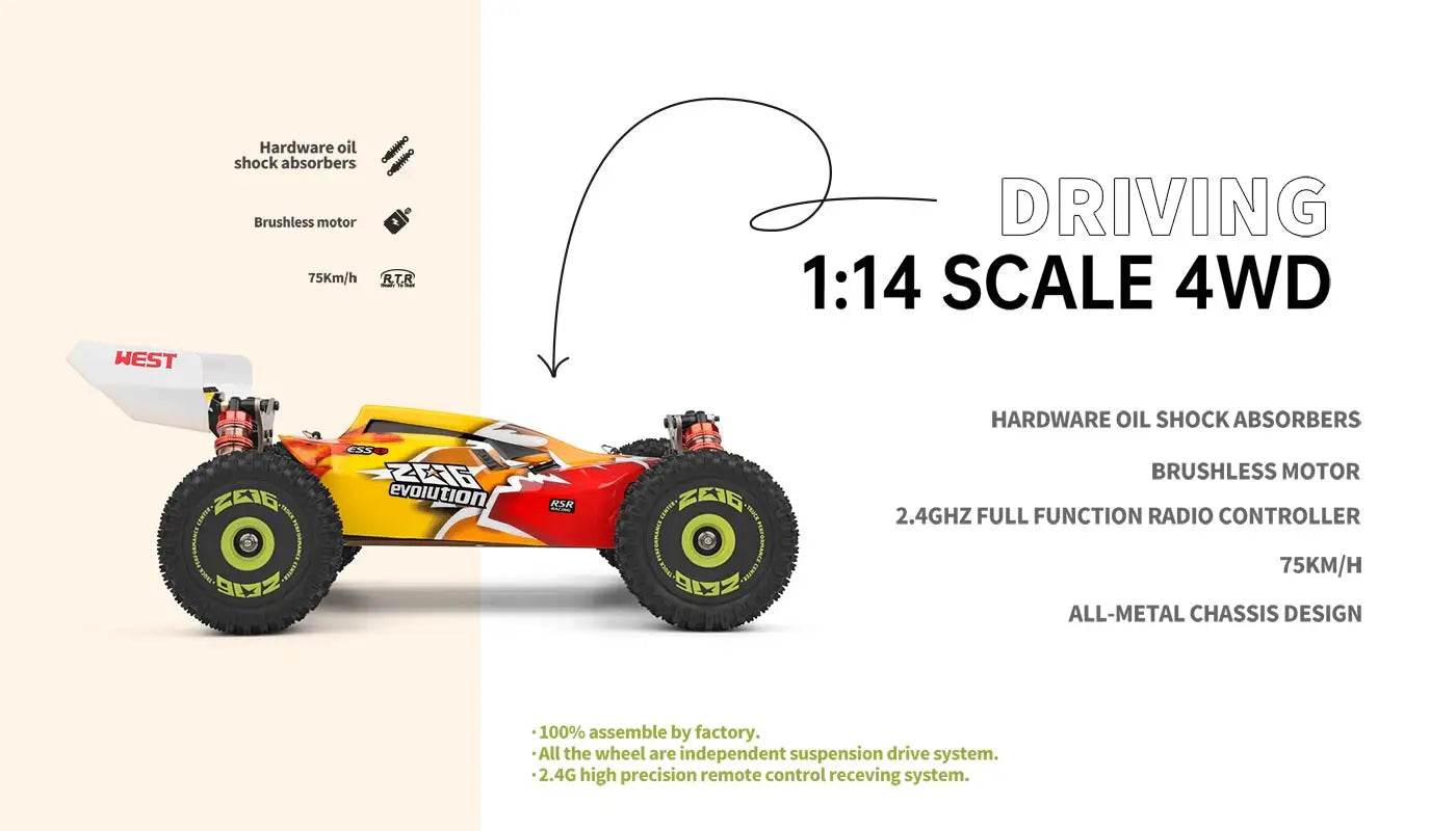 RC WL 144010 V8 1:14 Scale 4WD High-Speed Brushless Motor RC Drift Car - 75Km/H Off-Road Racing Vehicle for Kids - ToylandEU