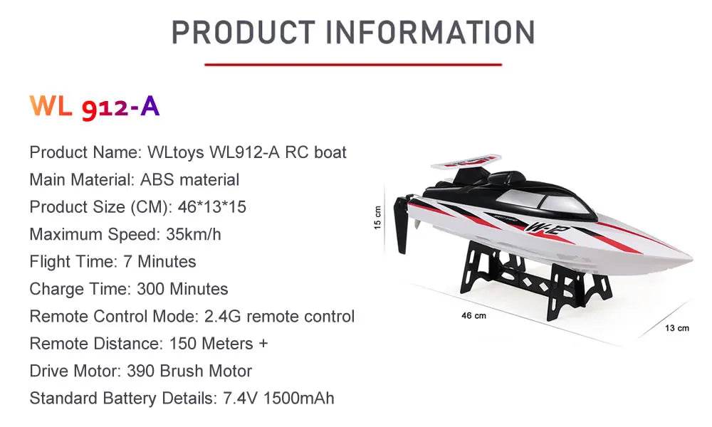 RC WL 912-A High-Speed RC Racing Boat - 35KM/H Remote Control Speedboat with Capsize Protection - Perfect Gift for Boys and Kids - ToylandEU