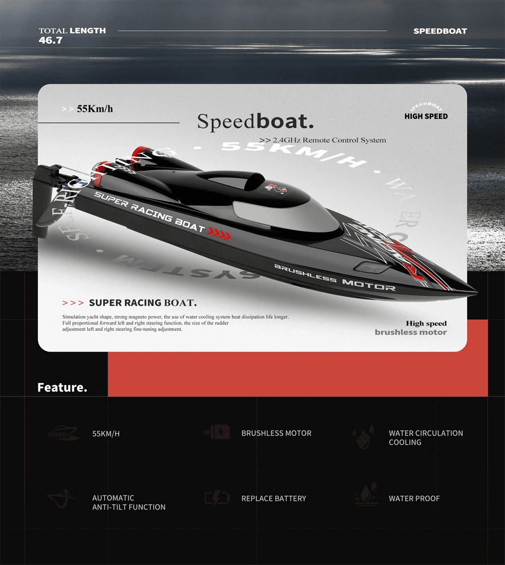 RC WL916 High-Speed 2.4G Brushless RC Boat with LED Lights & Water Cooling System - 60km/h Fast Remote Control Model - ToylandEU