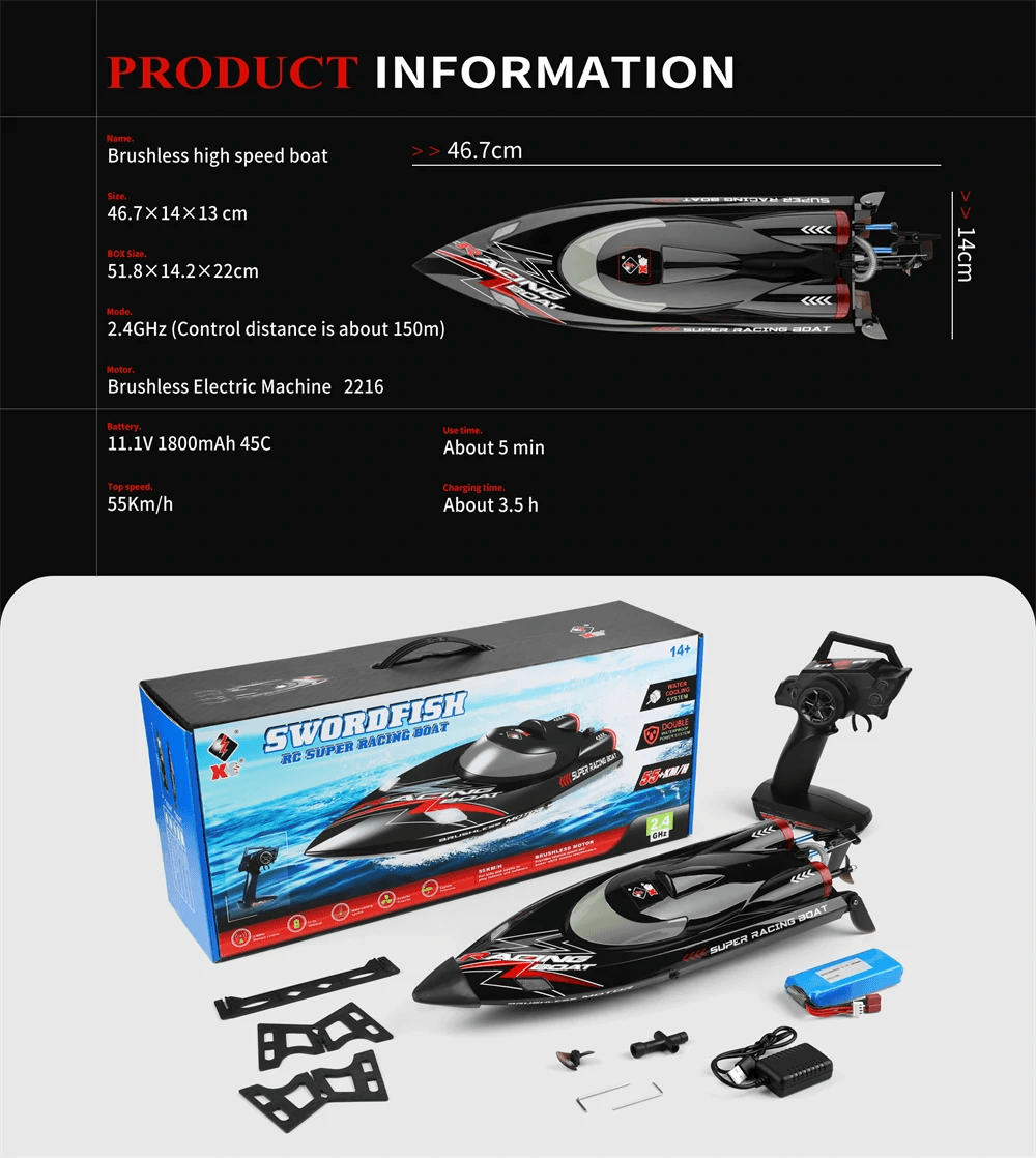 RC WL916 High-Speed 2.4G Brushless RC Boat with LED Lights & Water Cooling System - 60km/h Fast Remote Control Model - ToylandEU