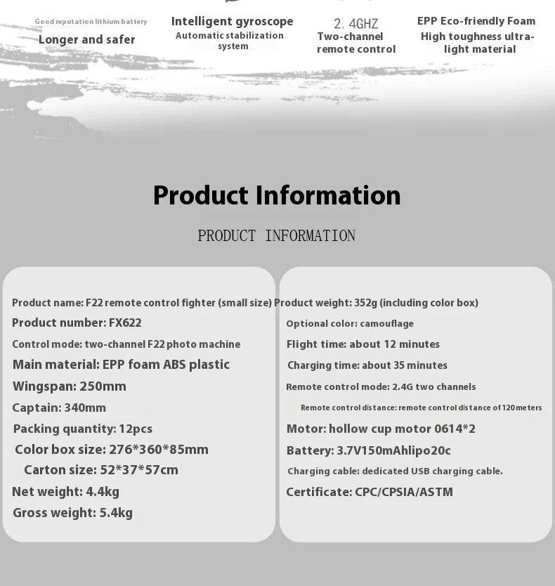 Rc Plane Fx622 Remote Control Aircraft F22 Fighter Toy - ToylandEU