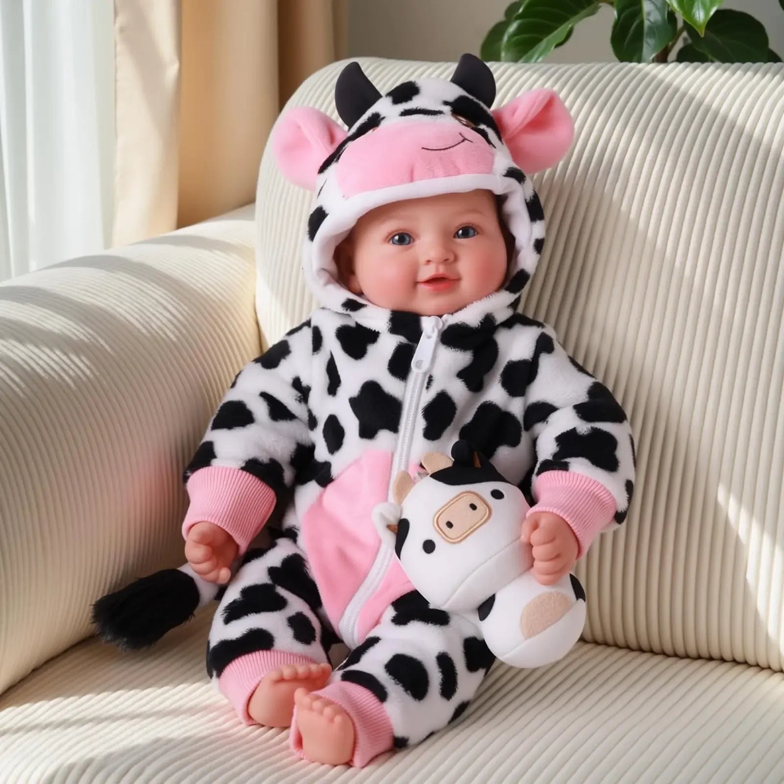 Realistic 17 Inch Baby Doll With Blue Eyes Cow Outfit - ToylandEU