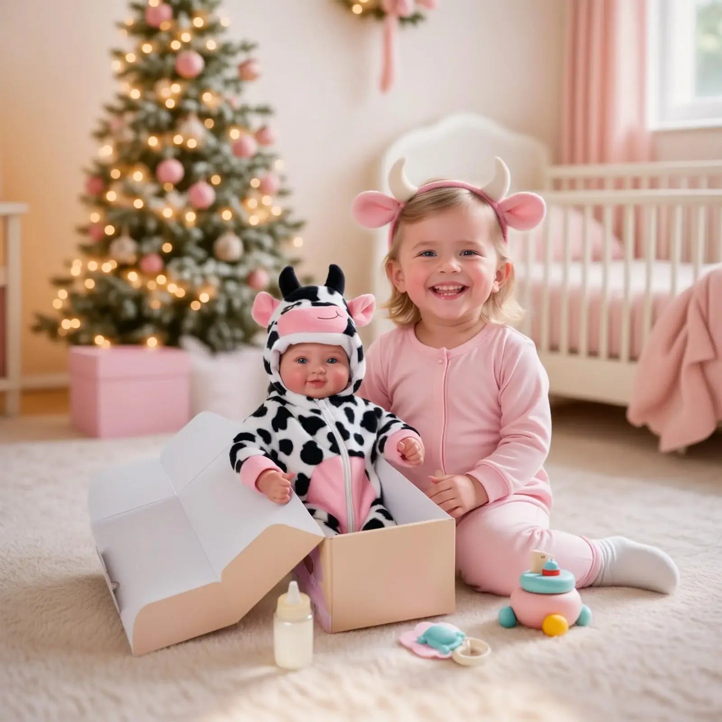 Realistic 17 Inch Baby Doll With Blue Eyes Cow Outfit - ToylandEU