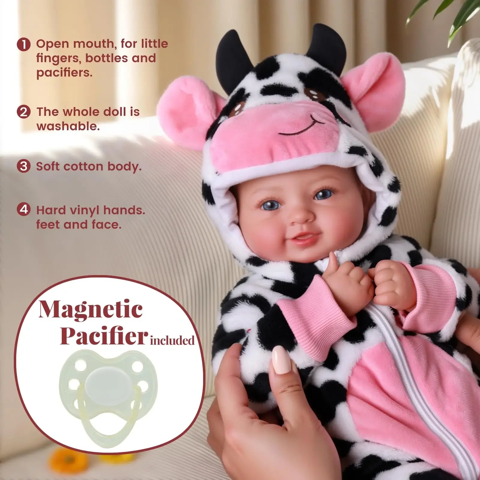 Realistic 17 Inch Baby Doll With Blue Eyes Cow Outfit - ToylandEU