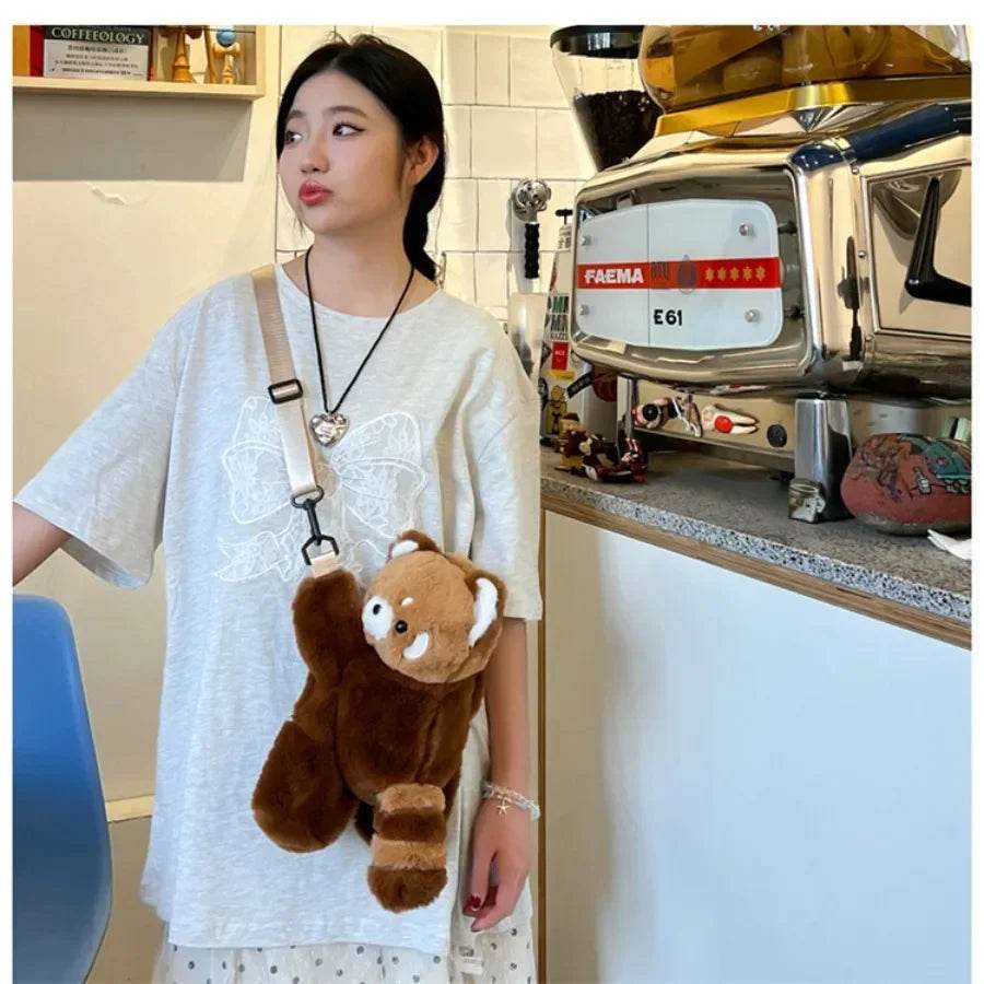 Red Panda Plush Backpack Cute Plushie Doll Women Crossbody Fur Soft Shoulder Bag for Camping Travel Party Female Birthday Gift - ToylandEU