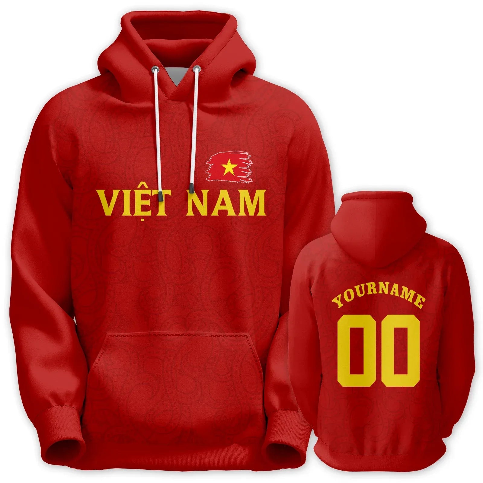 Red Vietnam Flag Pullover Hoodie Unisex Custom Printed Name and Number Sports Sweatshirt - ToylandEU