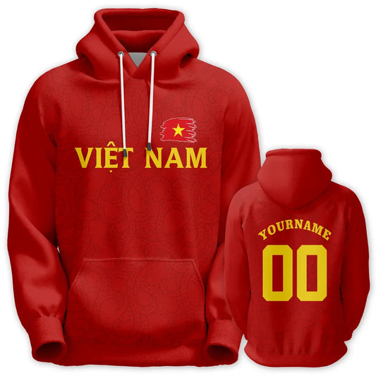 Red Vietnam Flag Pullover Hoodie Unisex Custom Printed Name and Number Sports Sweatshirt