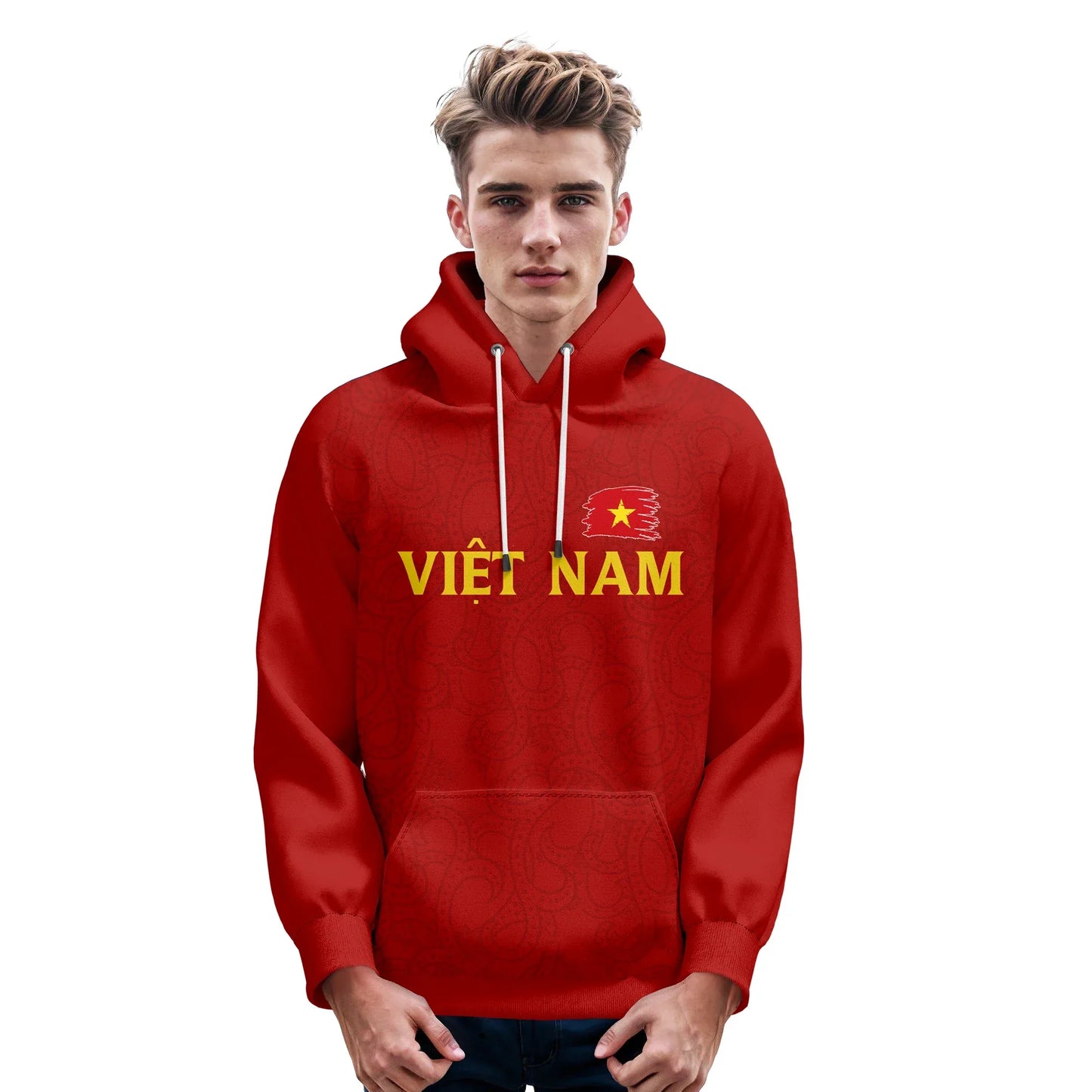 Red Vietnam Flag Pullover Hoodie Unisex Custom Printed Name and Number Sports Sweatshirt - ToylandEU
