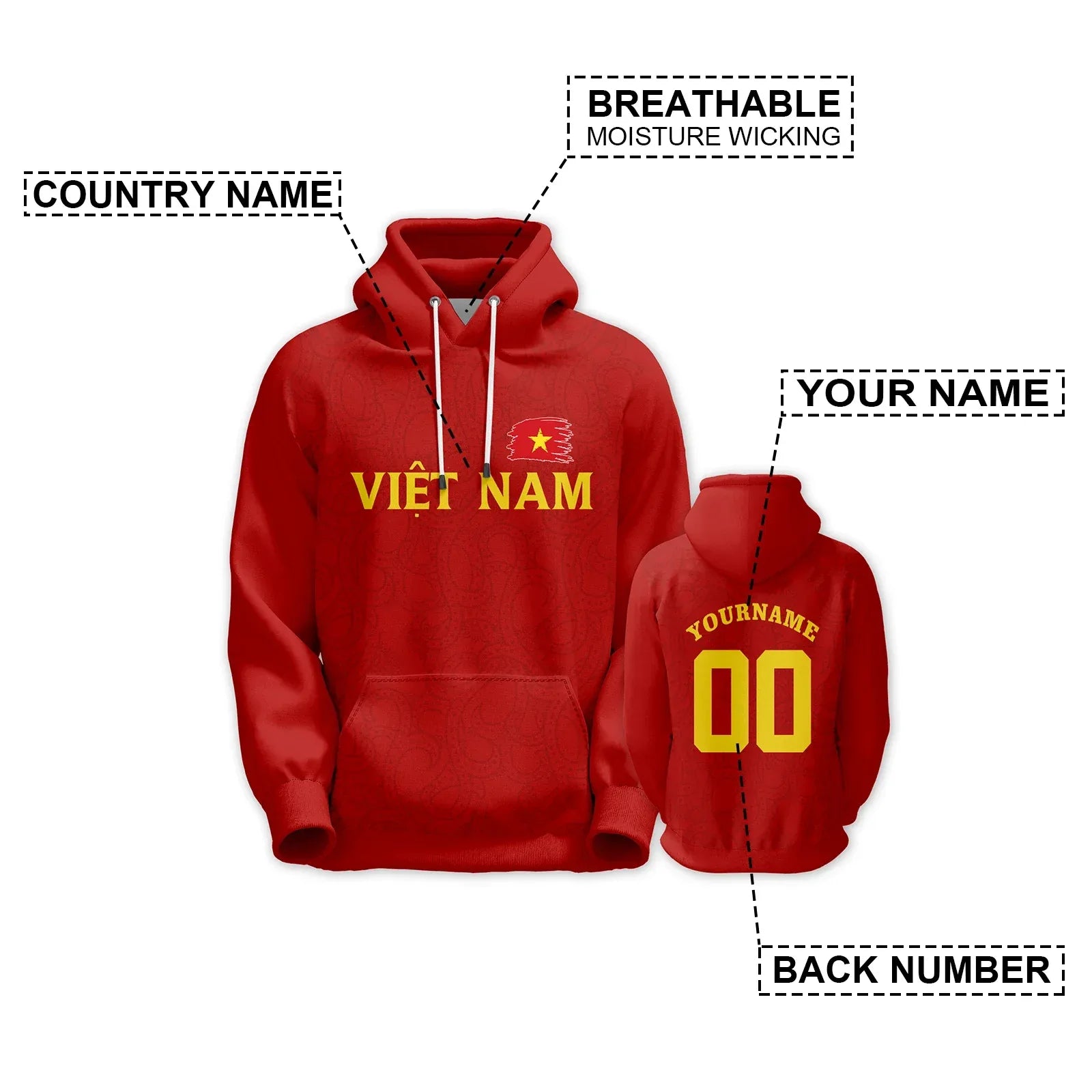 Red Vietnam Flag Pullover Hoodie Unisex Custom Printed Name and Number Sports Sweatshirt - ToylandEU
