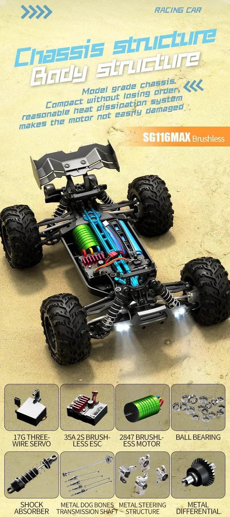  RC SG116 MAX 1:16 High-Speed 4WD RC Drift Racing Monster Truck - 70KM/H Off-Road Remote Control Car for Kids -  ToylandEU™