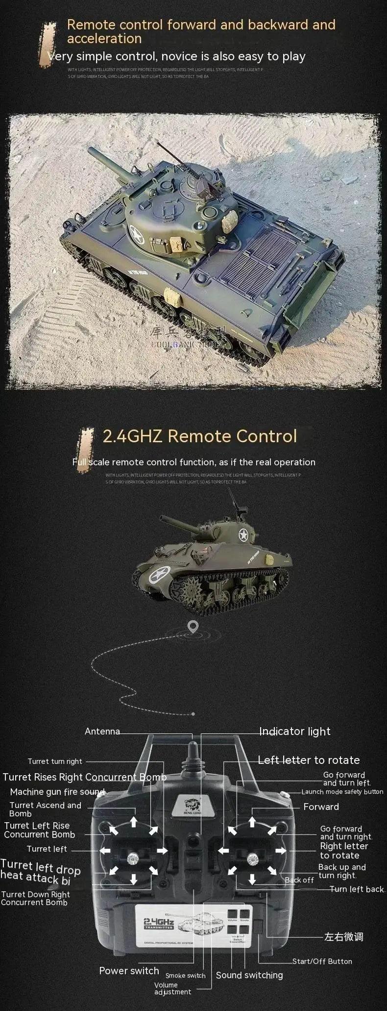  RC 1:16 Scale M4A3 Sherman Electric Remote Control Tank with Telescopic Gun Tube - Military Model Toy -  ToylandEU™