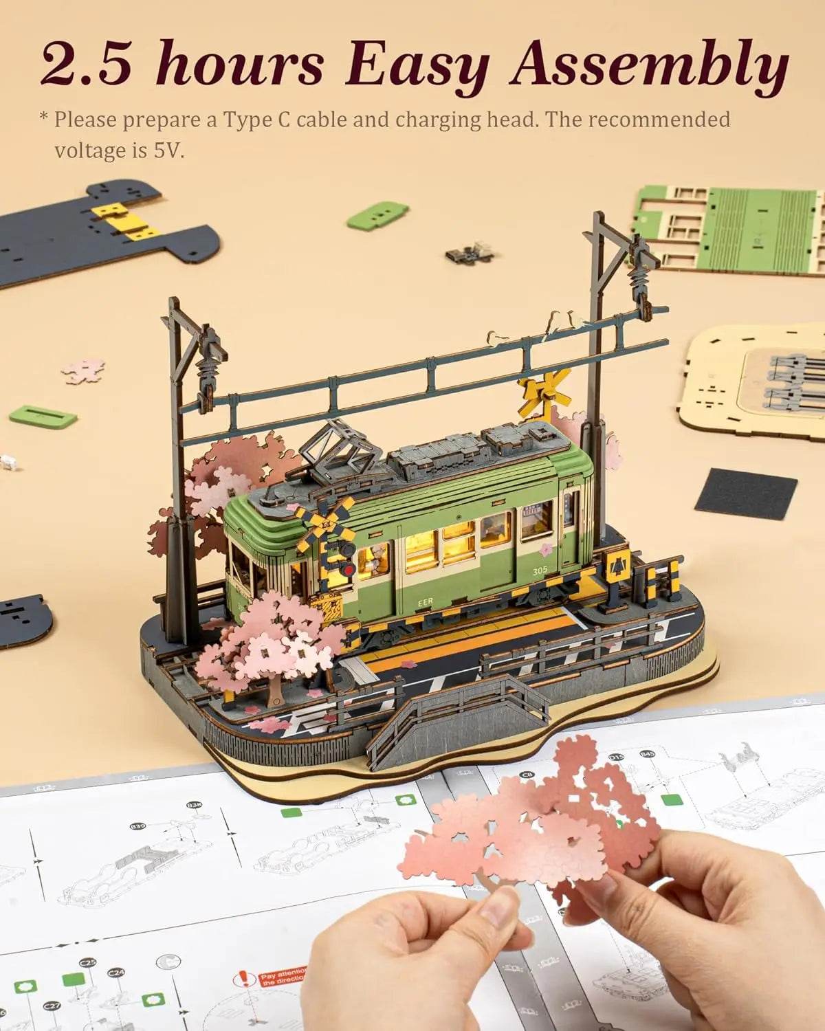 Robotime 3D Puzzles Sakura Journey Tram Toy with LED Light - ToylandEU
