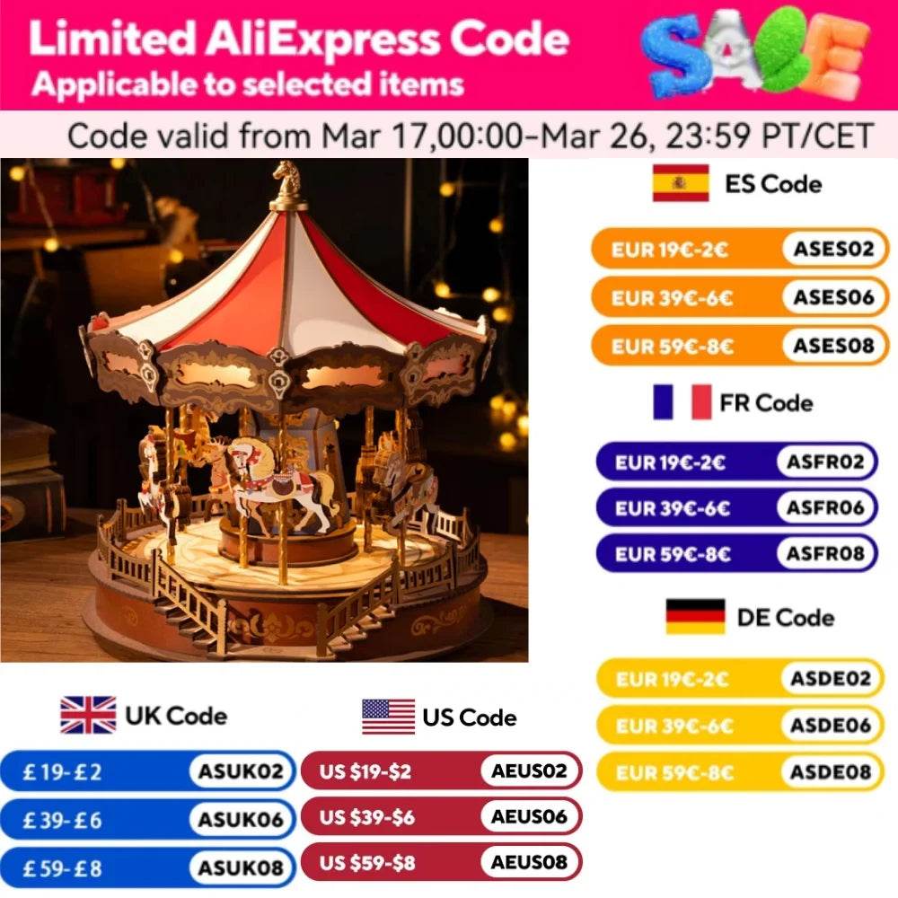 Robotime 3D Wooden Puzzle Carousel Music Box With LED Lights - ToylandEU