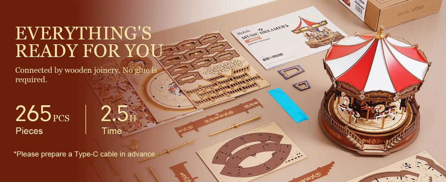 Robotime 3D Wooden Puzzle Carousel Music Box With LED Lights - ToylandEU