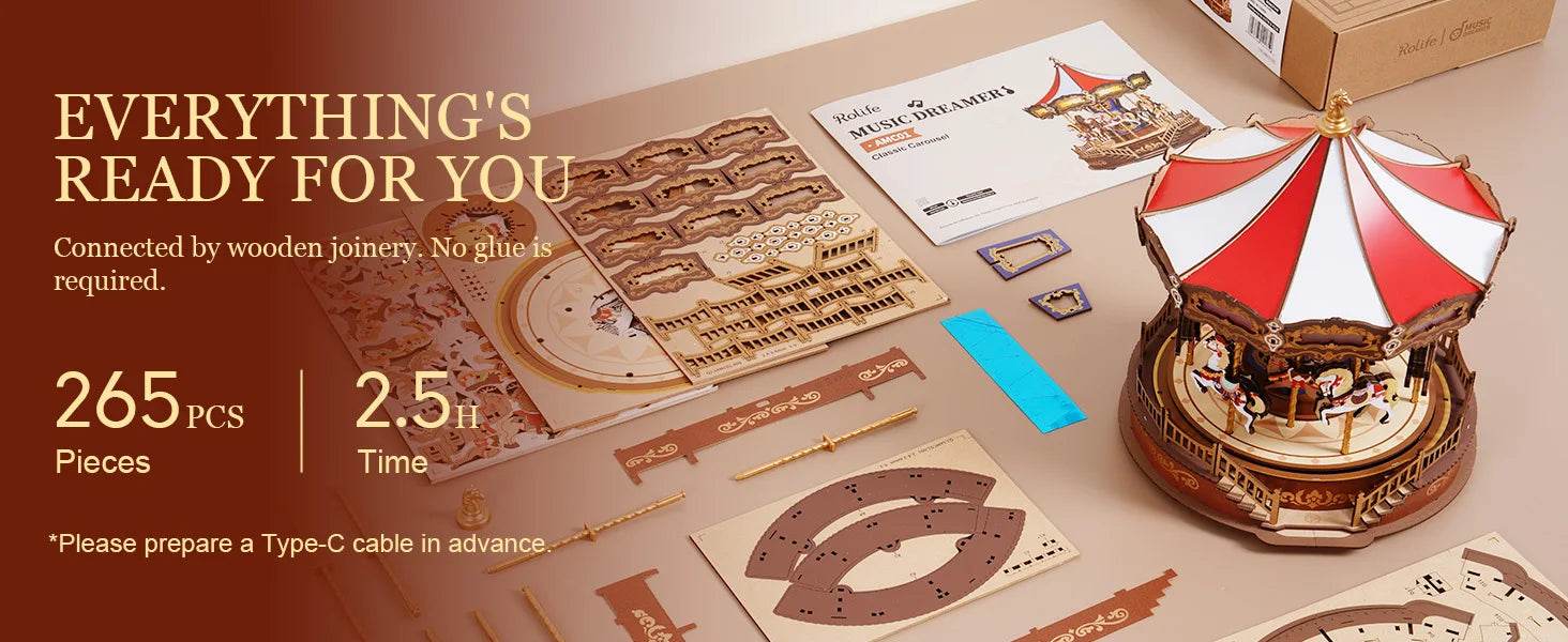 Robotime 3D Wooden Puzzle Carousel Music Box With LED Lights - ToylandEU