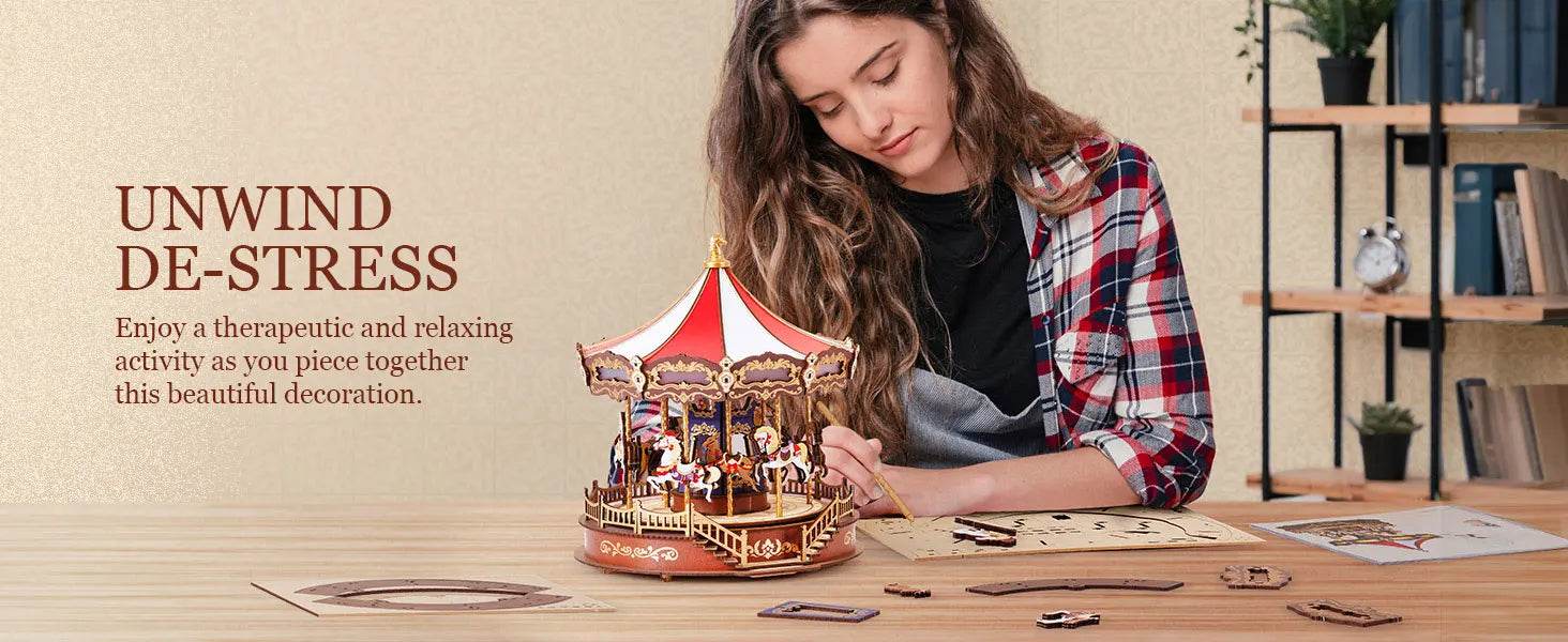 Robotime 3D Wooden Puzzle Carousel Music Box With LED Lights - ToylandEU
