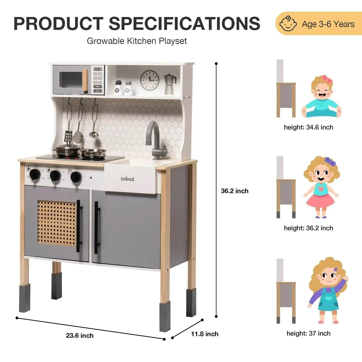  Robotime Robud Wooden Play Kitchen Set for 3+ Kids Gray -  ToylandEU™