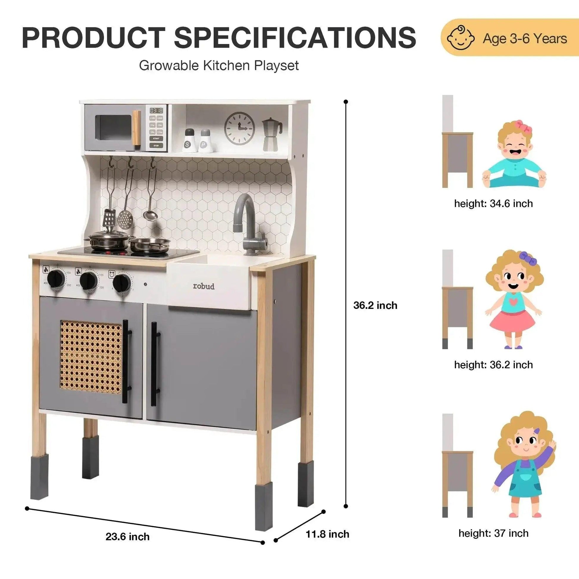  Robotime Robud Wooden Play Kitchen Set for 3+ Kids Gray -  ToylandEU™