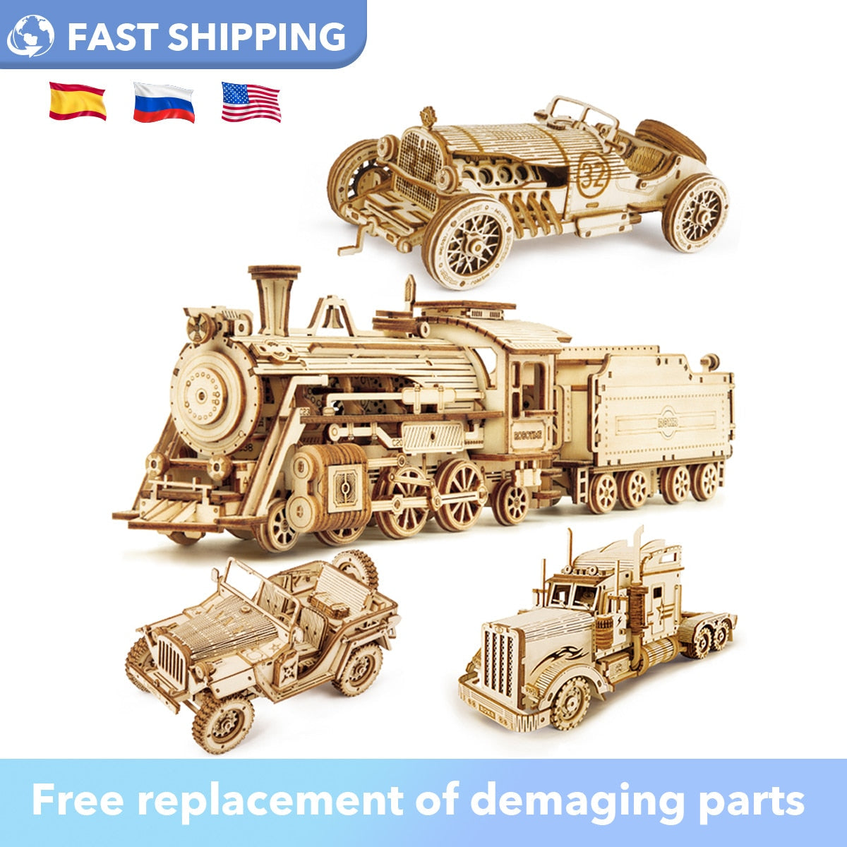 Robotime Rokr Wooden Mechanical Train 3d Puzzle Car Toy Assembly