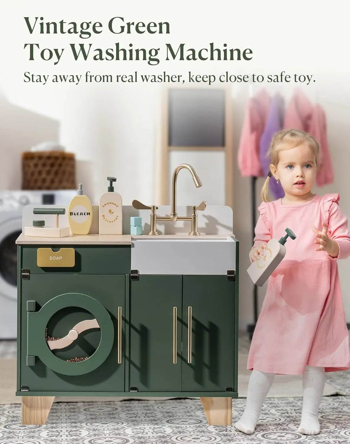 Robotime Wooden Toy Washing Machine Kitchen Set Vintage Green 3D - Main Image
