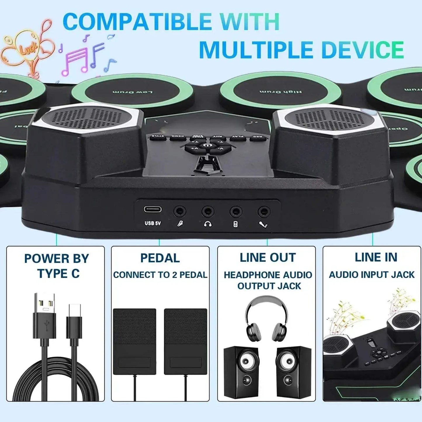 Roll Up Bluetooth Portable Electronic Drum Set With Led Lights - ToylandEU