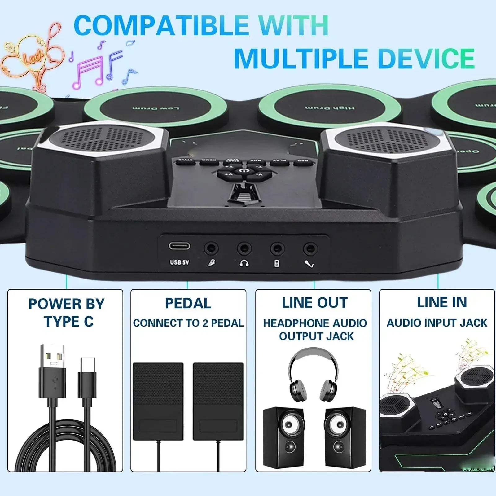 Roll Up Bluetooth Portable Electronic Drum Set With Led Lights - ToylandEU