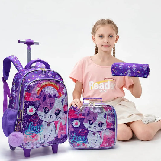 Rolling Backpack For Girls With Cute Sequin Cat Design - ToylandEU