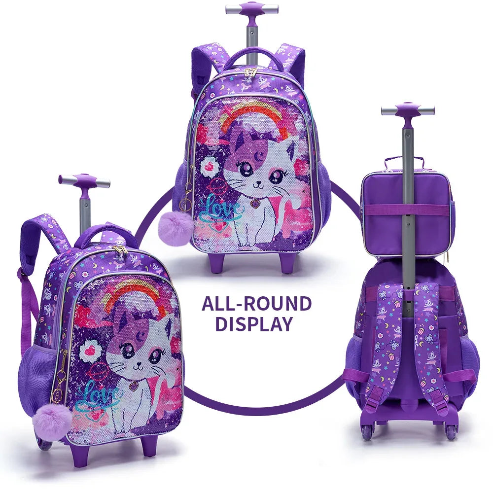 Rolling Backpack For Girls With Cute Sequin Cat Design - ToylandEU