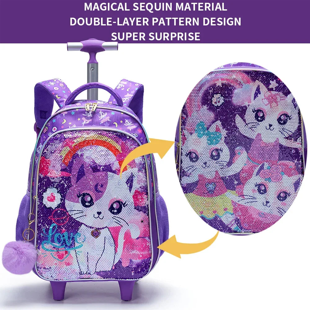 Rolling Backpack For Girls With Cute Sequin Cat Design - ToylandEU