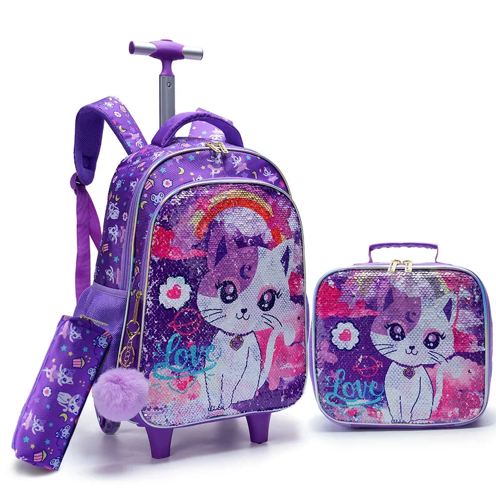 Rolling Backpack For Girls With Cute Sequin Cat Design - ToylandEU