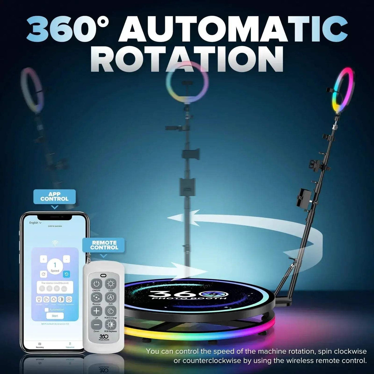 Rotating 360 Photo Booth With App Control RGB Ring Light - ToylandEU