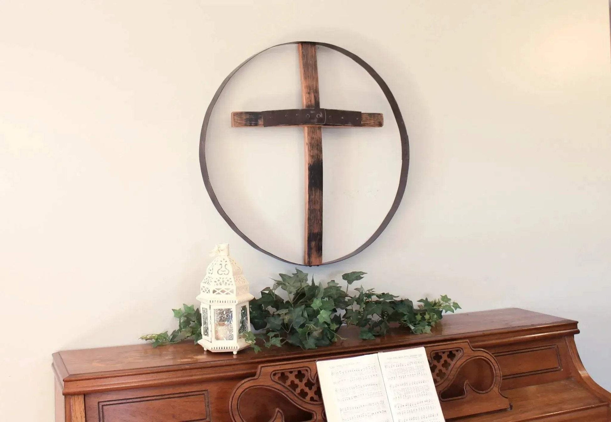 Rustic Reclaimed Barrel Cross Wall Art, Large 23" Diameter Religious Wall Decor, Amish-Made - ToylandEU
