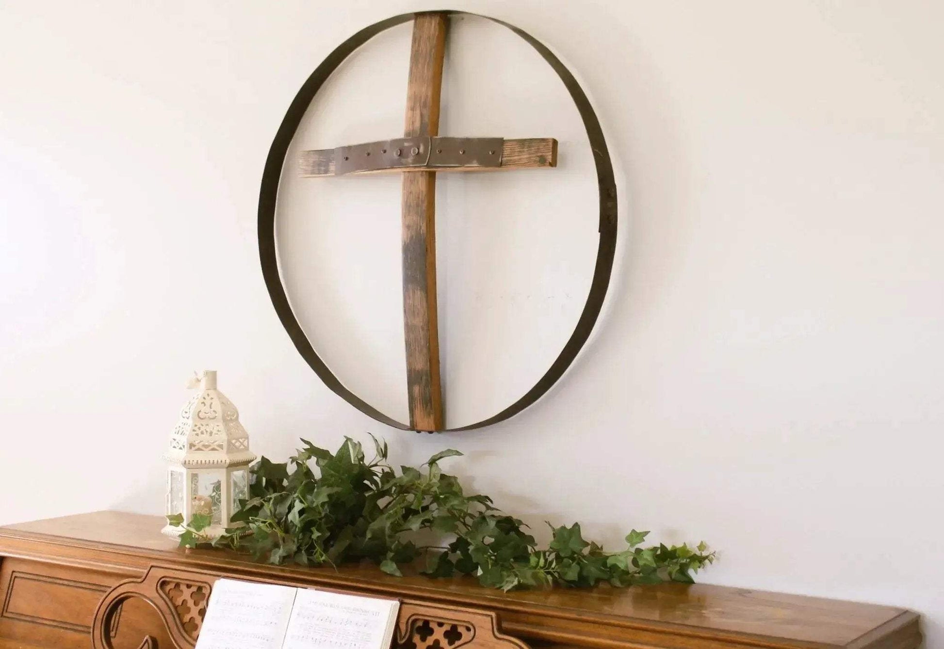 Rustic Reclaimed Barrel Cross Wall Art, Large 23" Diameter Religious Wall Decor, Amish-Made - ToylandEU