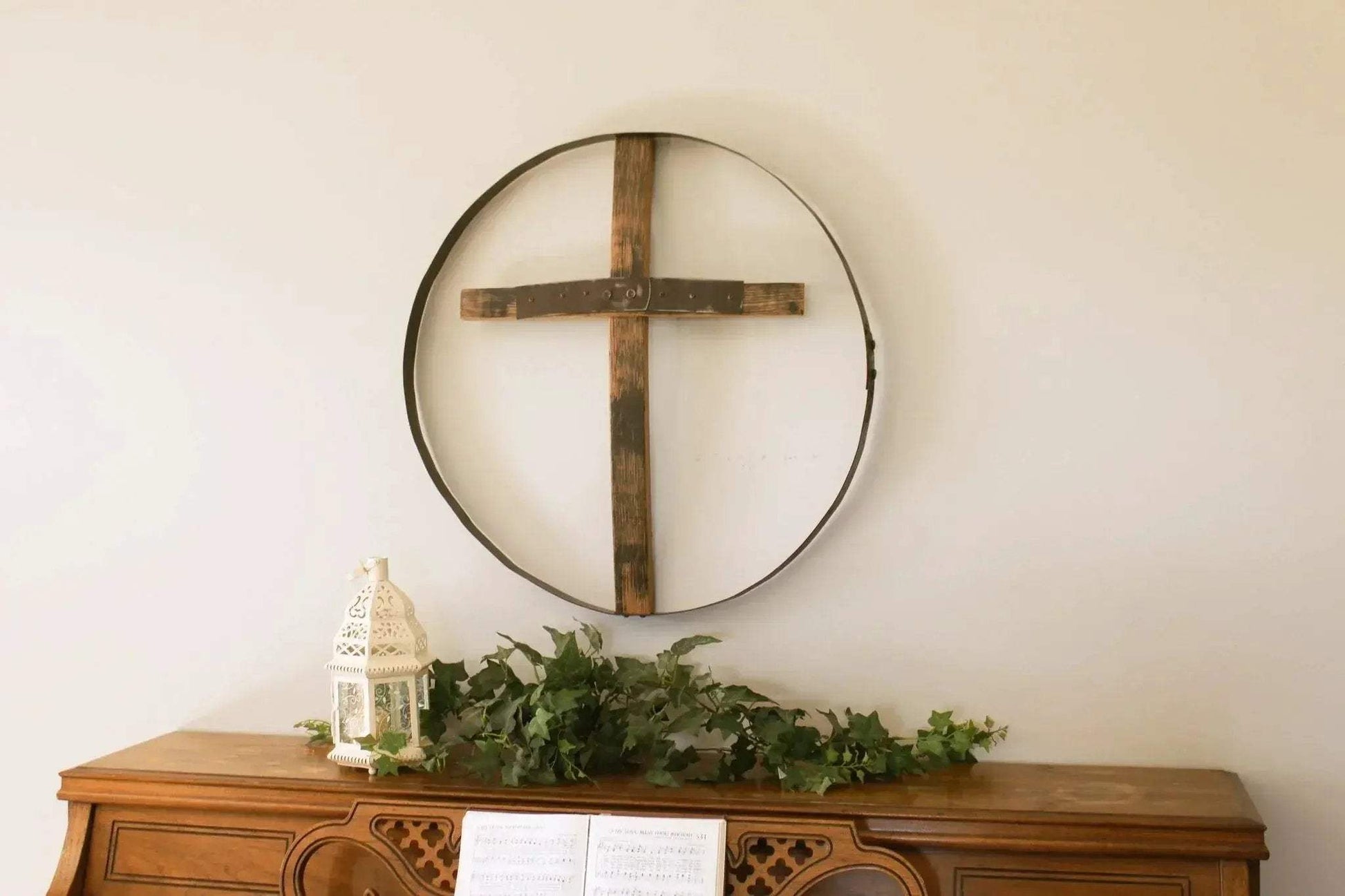 Rustic Reclaimed Barrel Cross Wall Art, Large 23" Diameter Religious Wall Decor, Amish-Made - ToylandEU