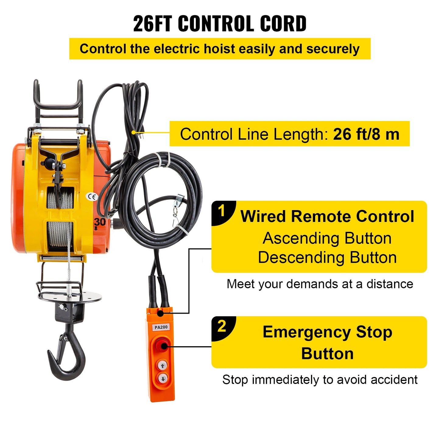 VEVOR 507lbs Electric Chain Hoist with 98ft Rope & Remote Control