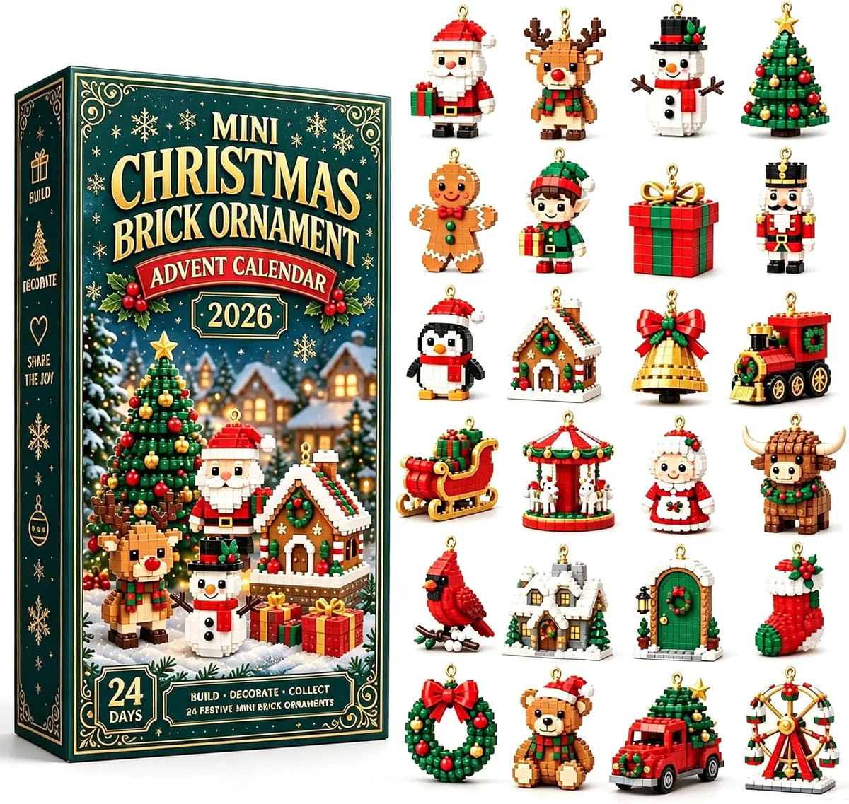 Advent Calendar | 24 Day Mini Brick Ornaments | Buildable Holiday Designs | DIY Building Block Gift Box