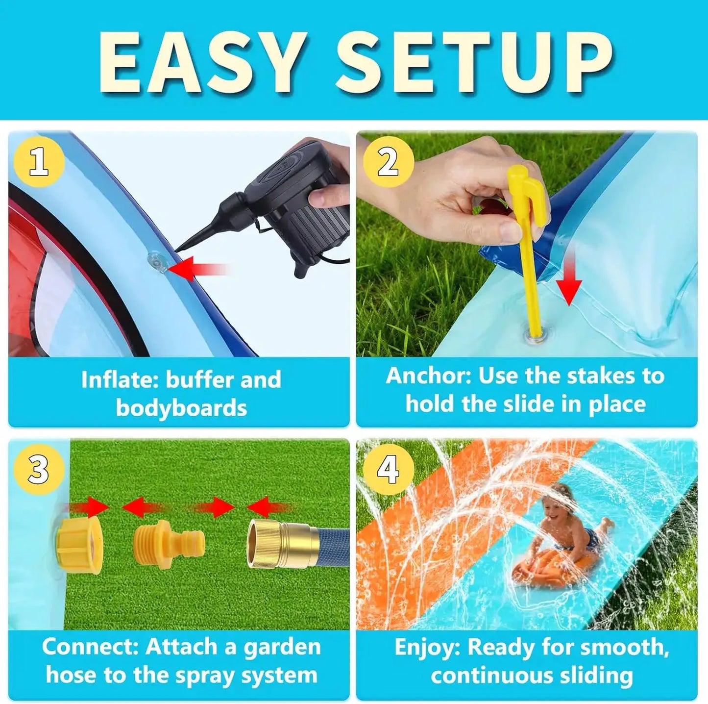 Extra Long Slip Lawn Water Slide for Adults, Giant Heavy Duty Outdoor Racing Toy with Sprinkler and Inflatable Bodyboards - ToylandEU