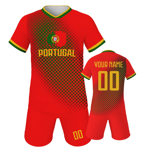 Personalized Portugal Kids Soccer Jersey and Shorts Set - Custom Name and Number Football Uniform for Boys and Girls