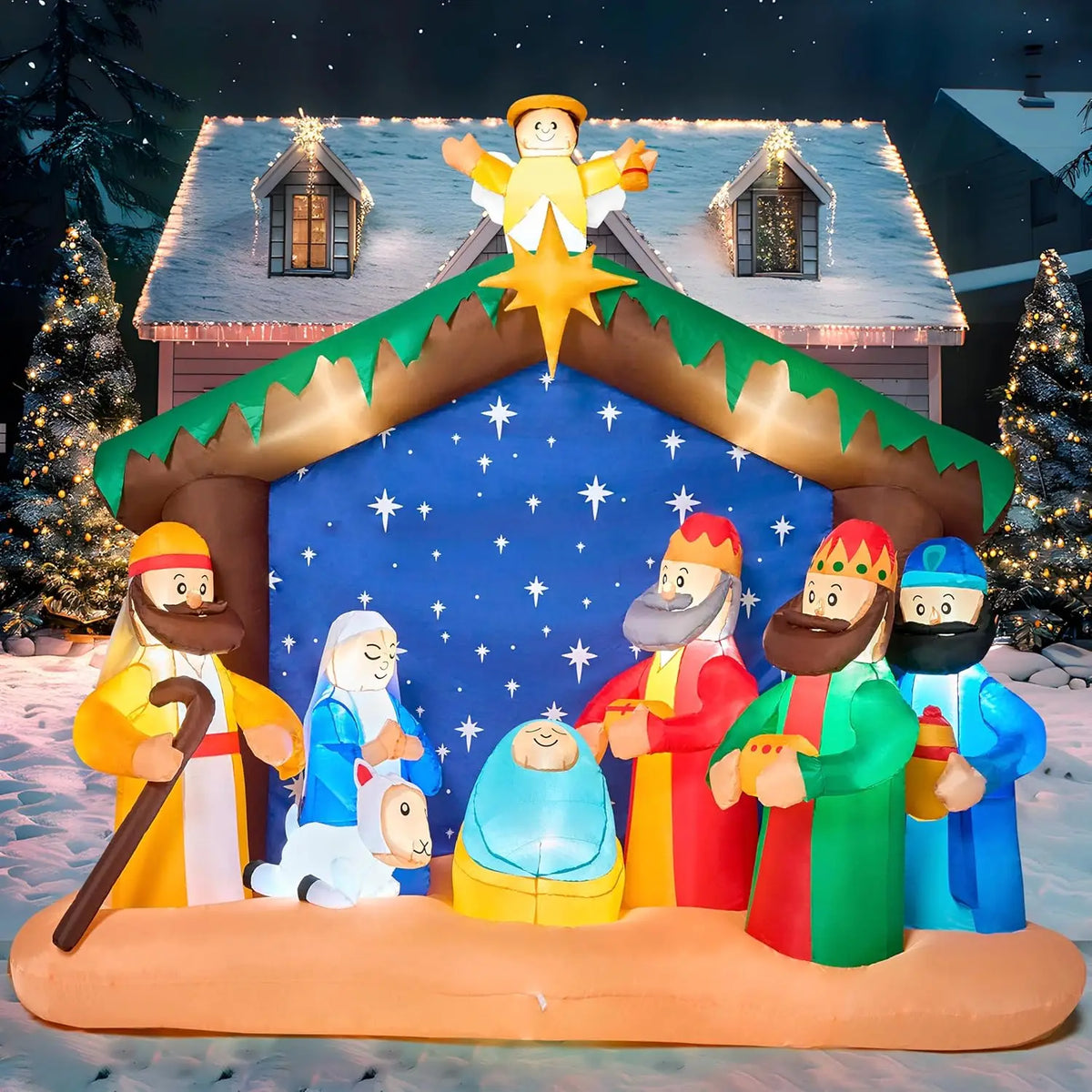 Christmas Nativity Inflatable | 8 Ft Length | Built In Led Lights | Yard Decor