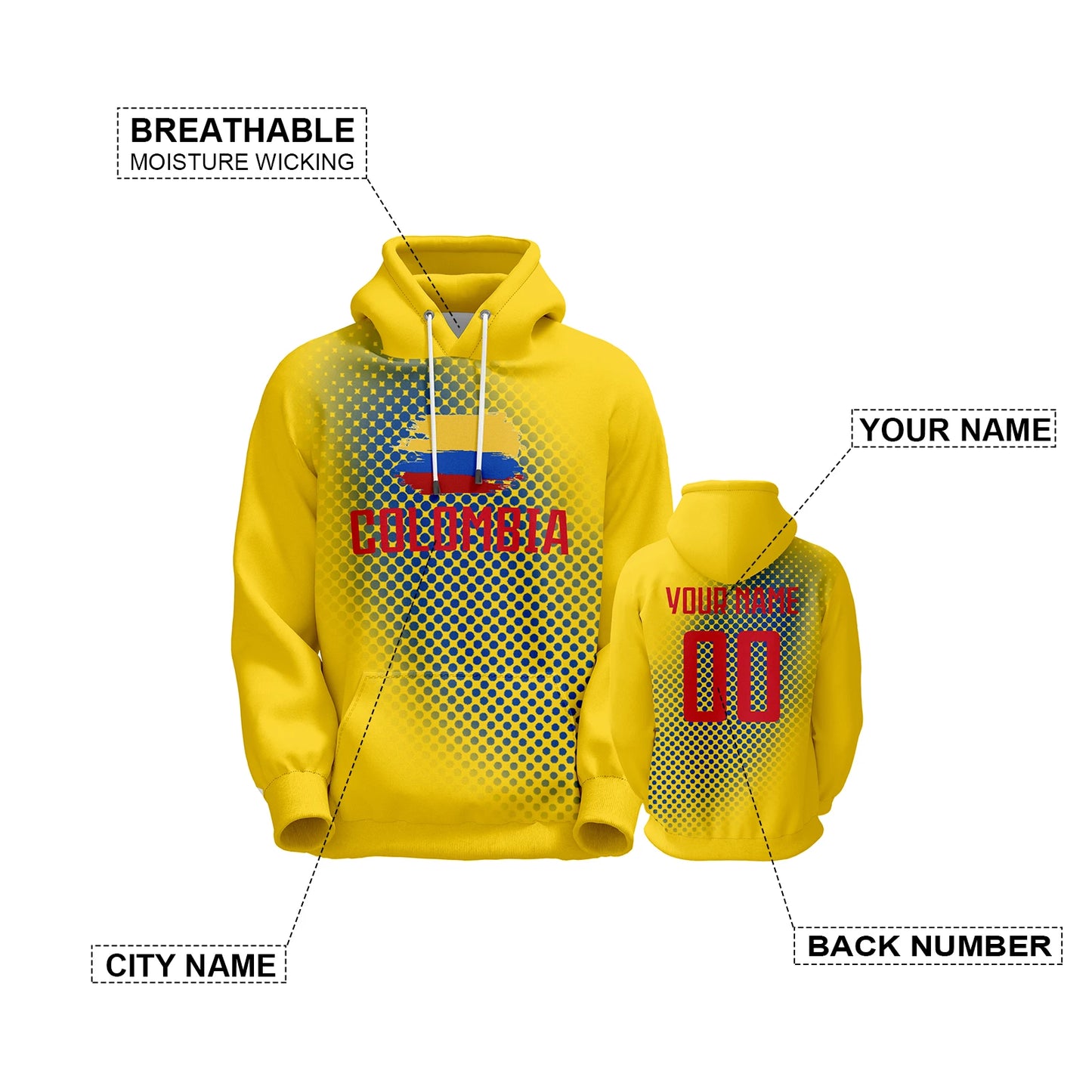 Personalized Colombia Soccer Hoodie for All Ages - Custom Name & Number 3D Printed Football Sweatshirt