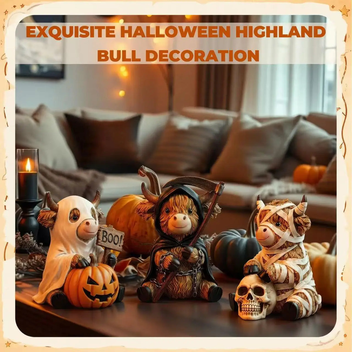 Halloween Highland Cow Statue | Solid Wood | Ghost Mummy Design | Shelf Decor