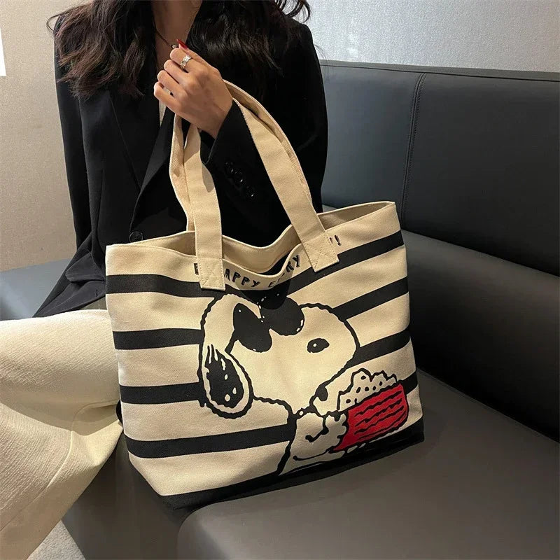 Canvas Tote Bag | Large Capacity Storage | Snoopy Graphic Print | Student Use
