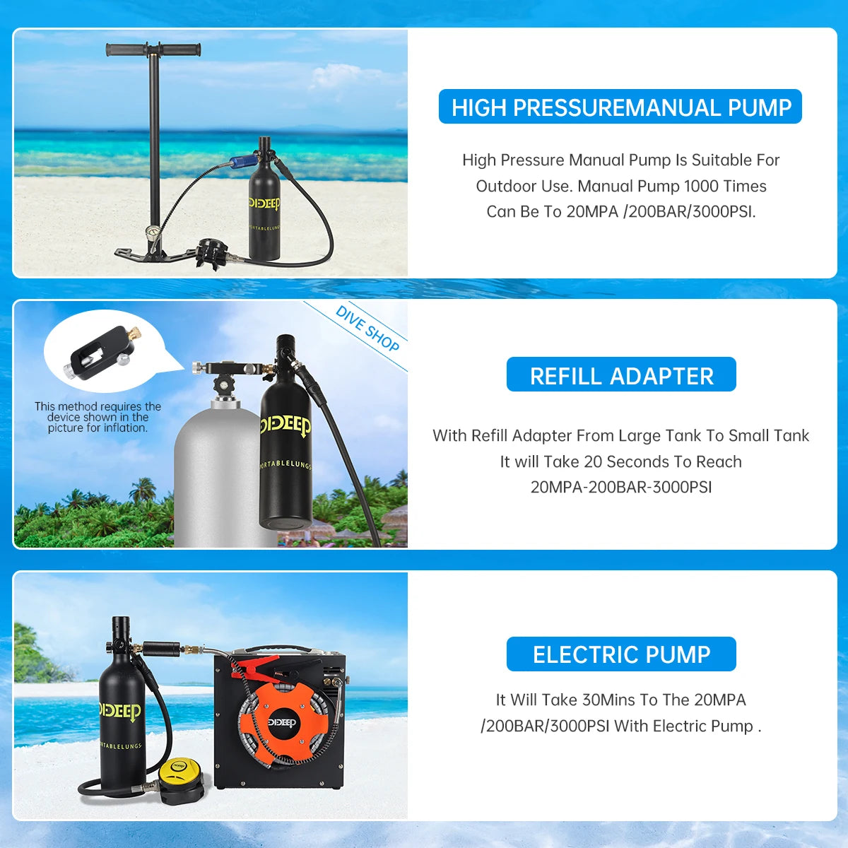 Scuba Diving Tank Set | 1L Tank | 3000 PSI | 10-20 Mins Underwater