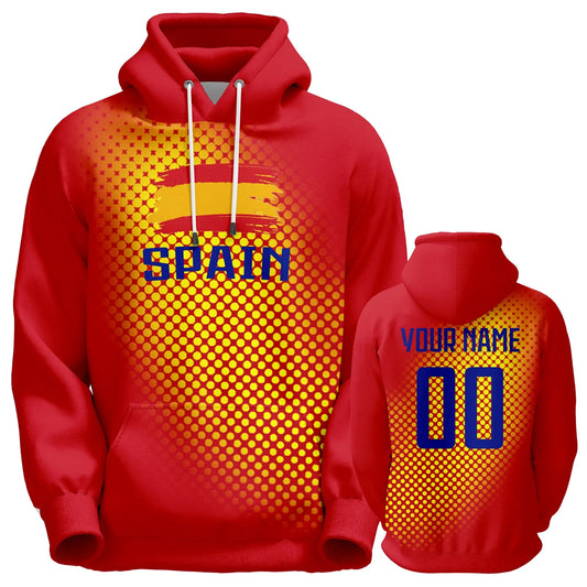 Personalized 3D Printed Spain Soccer Hoodie for All Ages - Custom Name & Number Pullover Sweatshirt for Football Fans