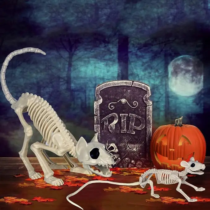 Skeleton Cat Mouse Figures | Solid Resin | Movable Joints | 14 Inch Set