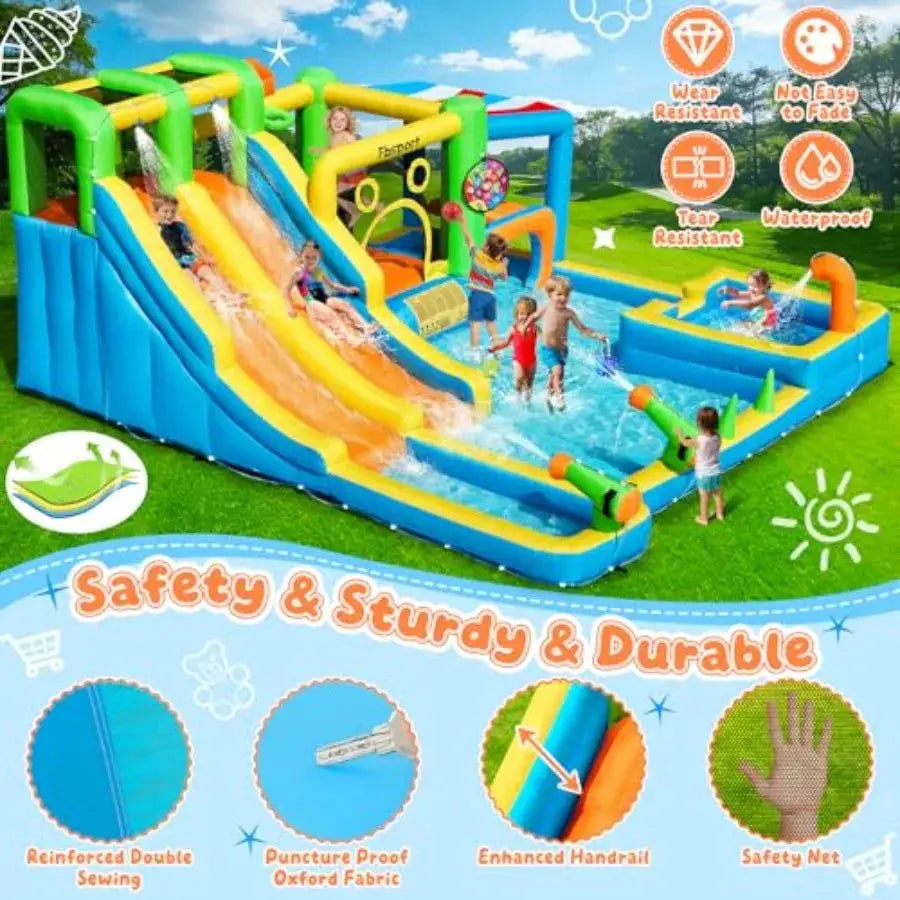 Backyard inflatable bounce house with double water slide, PVC material, blue and yellow, 11-in-1 design including splash pool a - ToylandEU