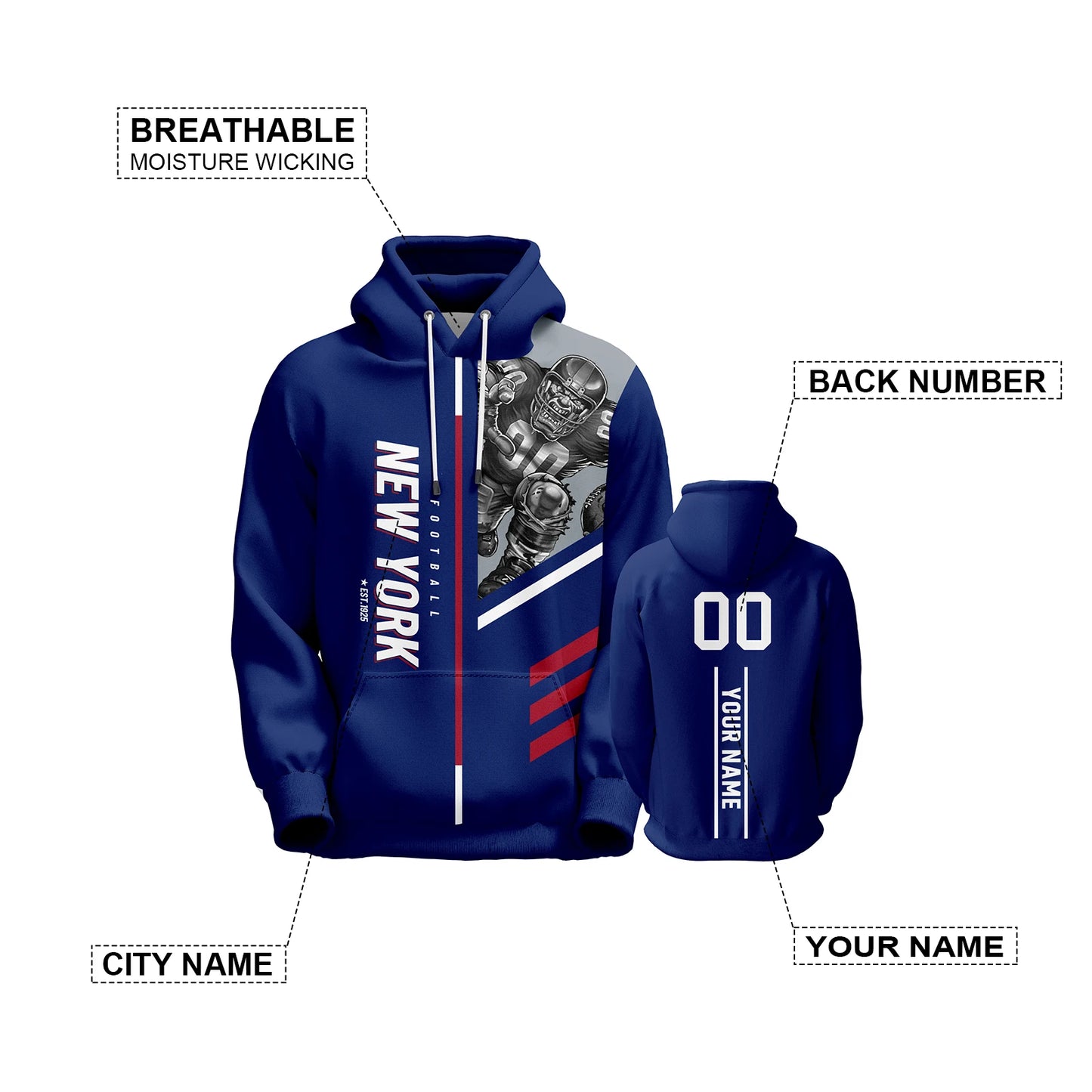 Personalized New York City Mascot 3D Print Football Hoodies with Custom Name and Number for Men, Women, and Youth