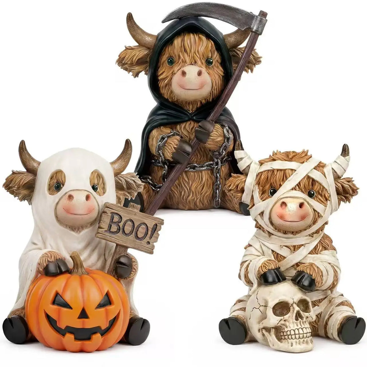 Halloween Highland Cow Statue | Solid Wood | Ghost Mummy Design | Shelf Decor
